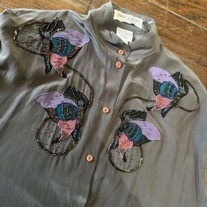 Vintage Marc D’alcy Blouse with Purple and Pink Butterfly Embroidery size 14‎